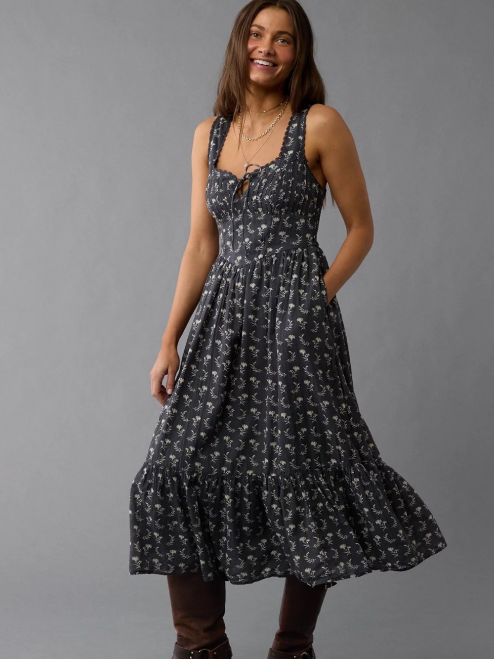 American Eagle Sleeveless Black Floral Midi Dress with Tie Front